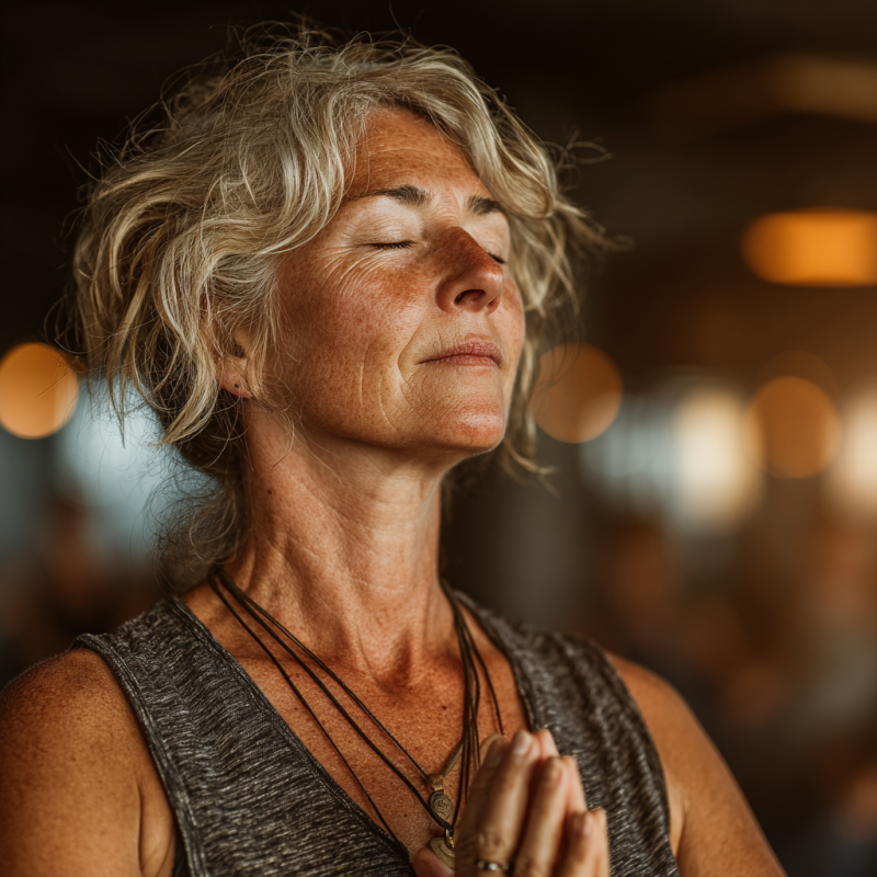 Seniori practicând yoga în natură